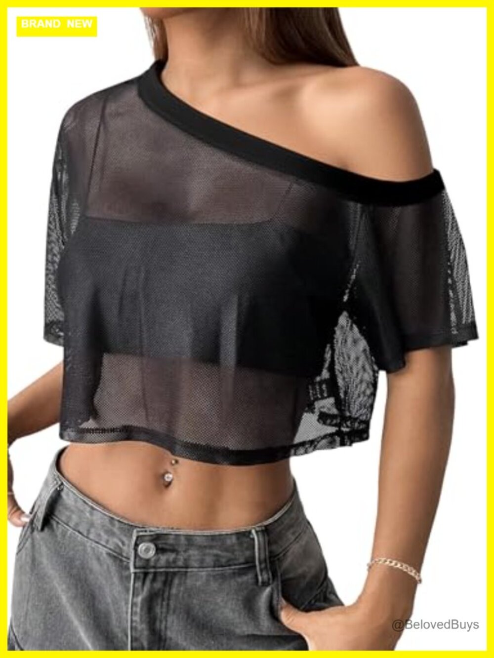 Hilinker Womens Mesh Off Shoulder Crop Top Sheer Short Sleeve Casual T Shirt
